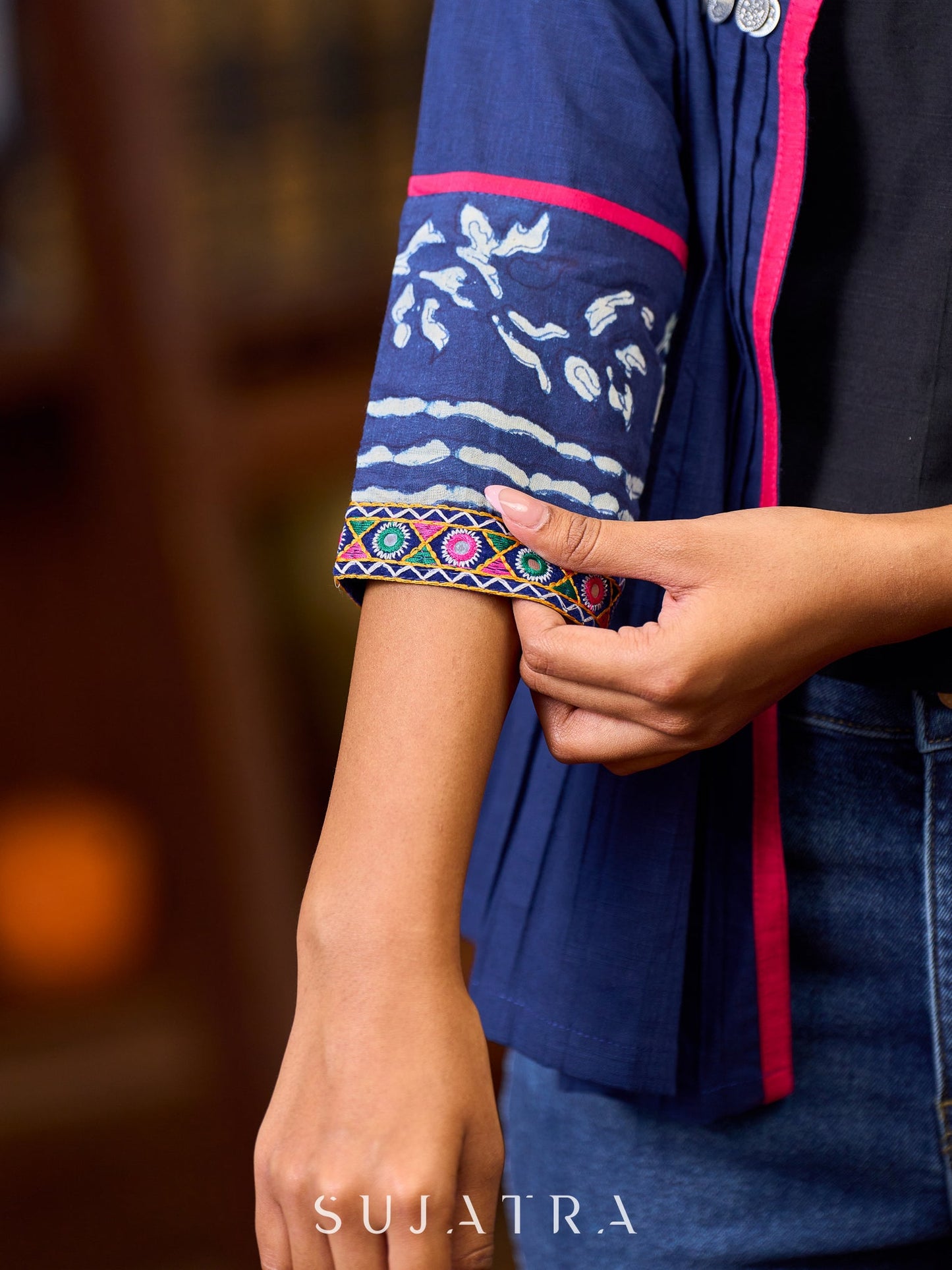 Bohemian Indigo Cotton Jacket Adorned With Pleats, Vibrant Mirror Lace And Pink Accents