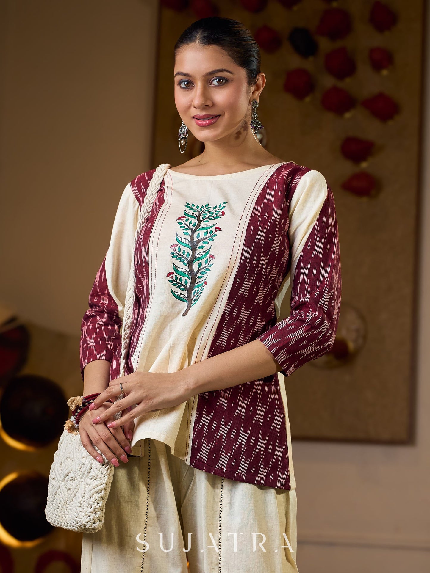 Ivory Cotton Flex Top with Maroon Ikat Panels and Hand Painted Gond Motif