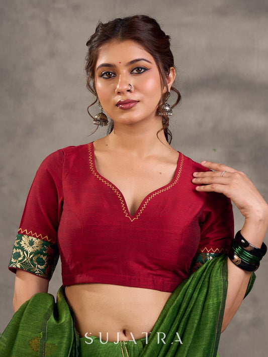 Maroon Cotton Silk Blouse with Zigzag Hand Painted Neckline and Floral Benarasi Brocade Cuff Detail