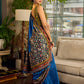 Handcrafted Blue Cotton Saree with Gond Painting & Multicolor Ikat & Kalamkari Border