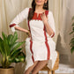 Elegant white cotton dress with bold block print and intricate detailing