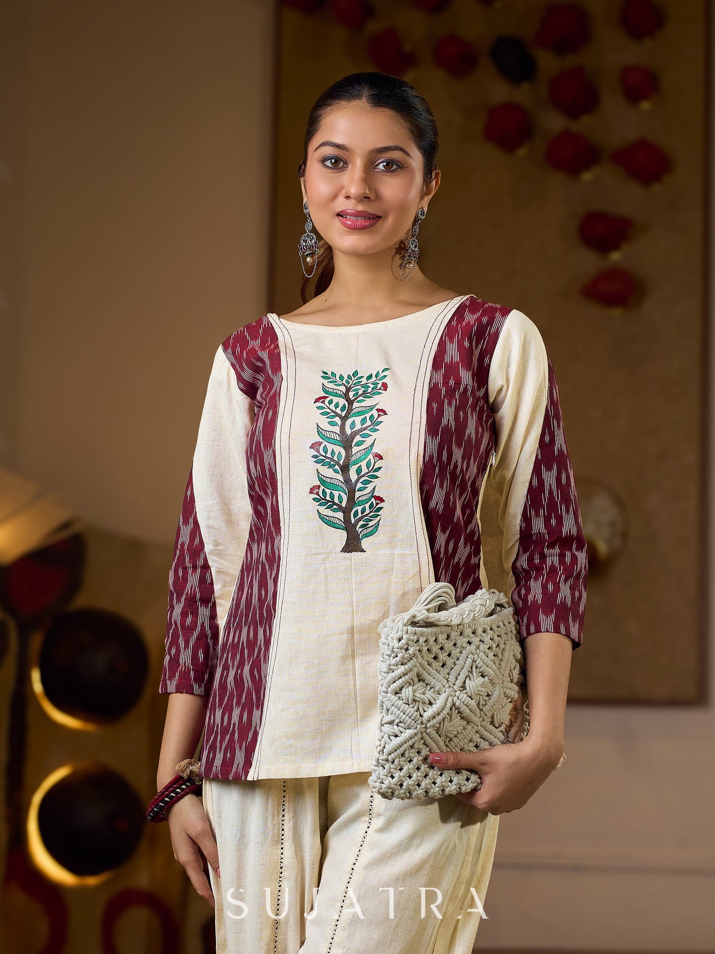 Ivory Cotton Flex Top with Maroon Ikat Panels and Hand Painted Gond Motif