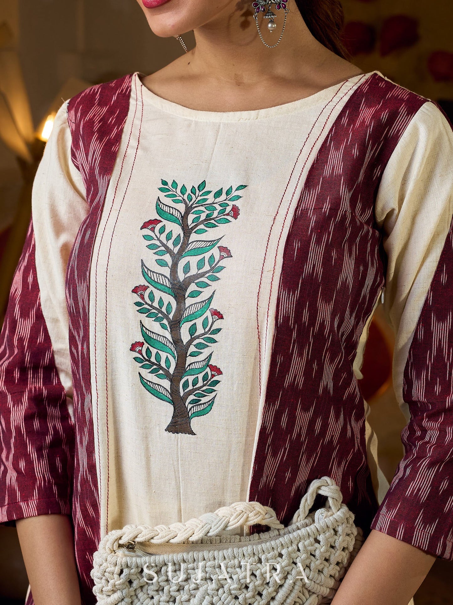 Ivory Cotton Flex Top with Maroon Ikat Panels and Hand Painted Gond Motif