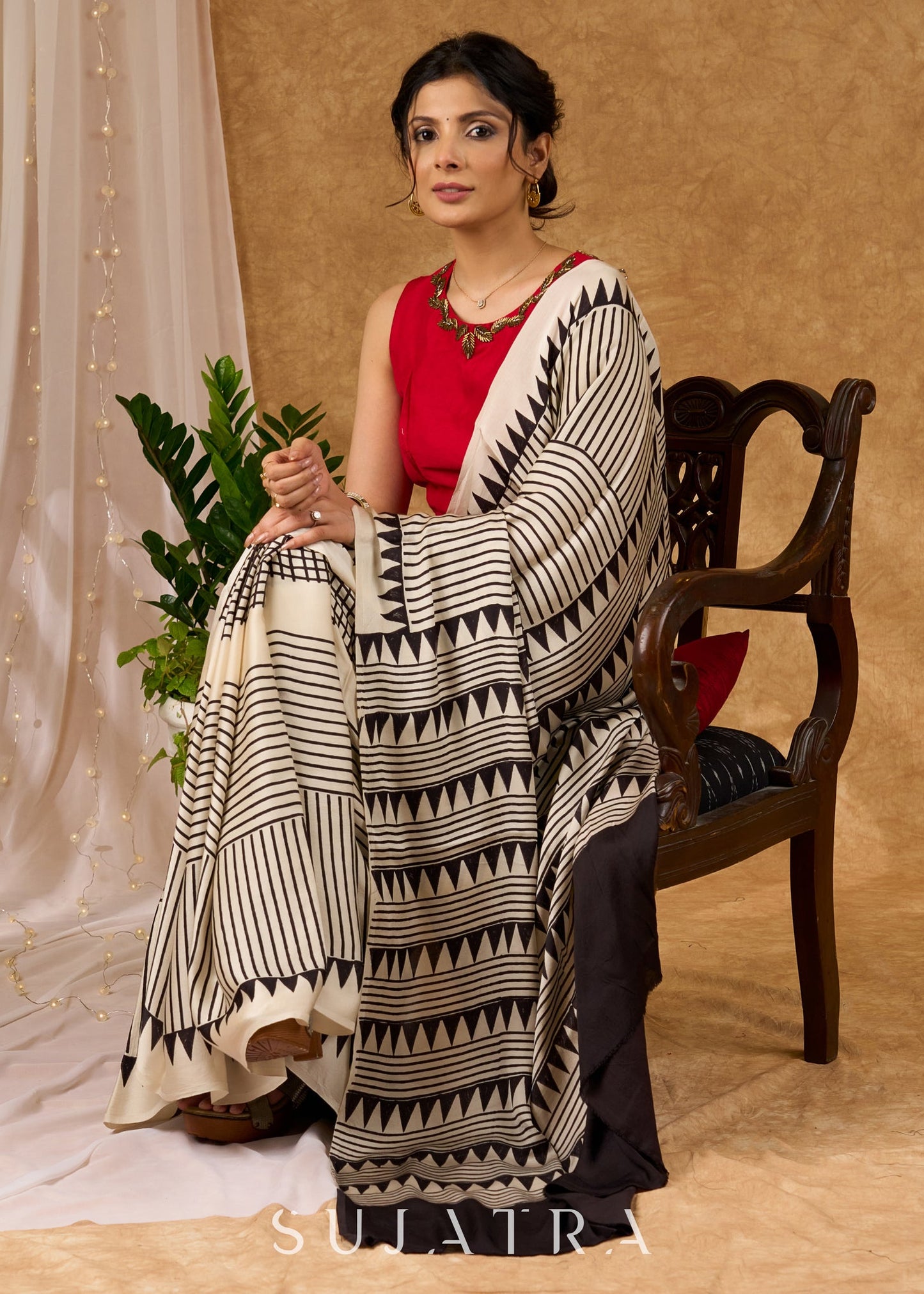 Timeless Off White Pure Modal Silk Hand Block Printed Striped Saree