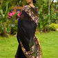 Vibrant Black Georgette Saree with Golden Zari Border & Kalamkari Floral Print Pallu & Border