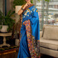 Handcrafted Blue Cotton Saree with Gond Painting & Multicolor Ikat & Kalamkari Border