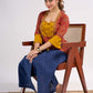 Red Floral Printed Top with Mustard Yoke and Statement Tie Up Design