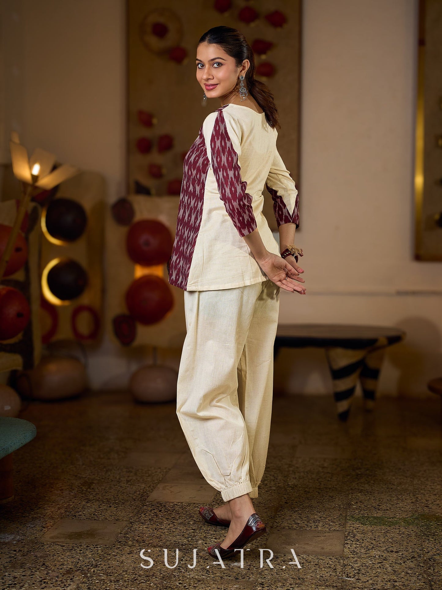 Ivory Cotton Flex Top with Maroon Ikat Panels and Hand Painted Gond Motif