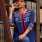 Bohemian Indigo Cotton Jacket Adorned With Pleats, Vibrant Mirror Lace And Pink Accents