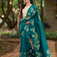 Elegant Rama Green Cotton Saree with Delicate Floral Hand Block Print