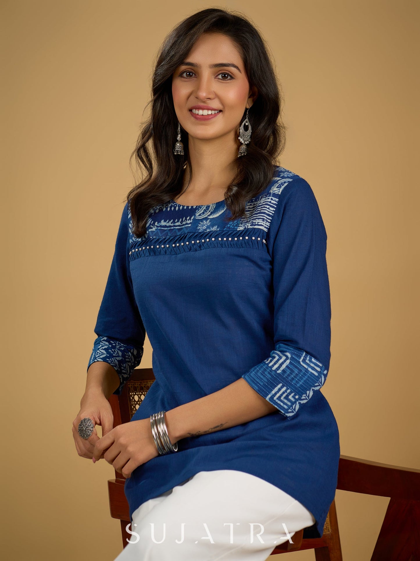 Classic indigo cotton patchwork top with  subtle pearl highlights