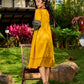 Handcrafted Mustard Cotton Flared Dress with Contrasting Ajrakh Collar