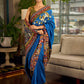 Handcrafted Blue Cotton Saree with Gond Painting & Multicolor Ikat & Kalamkari Border