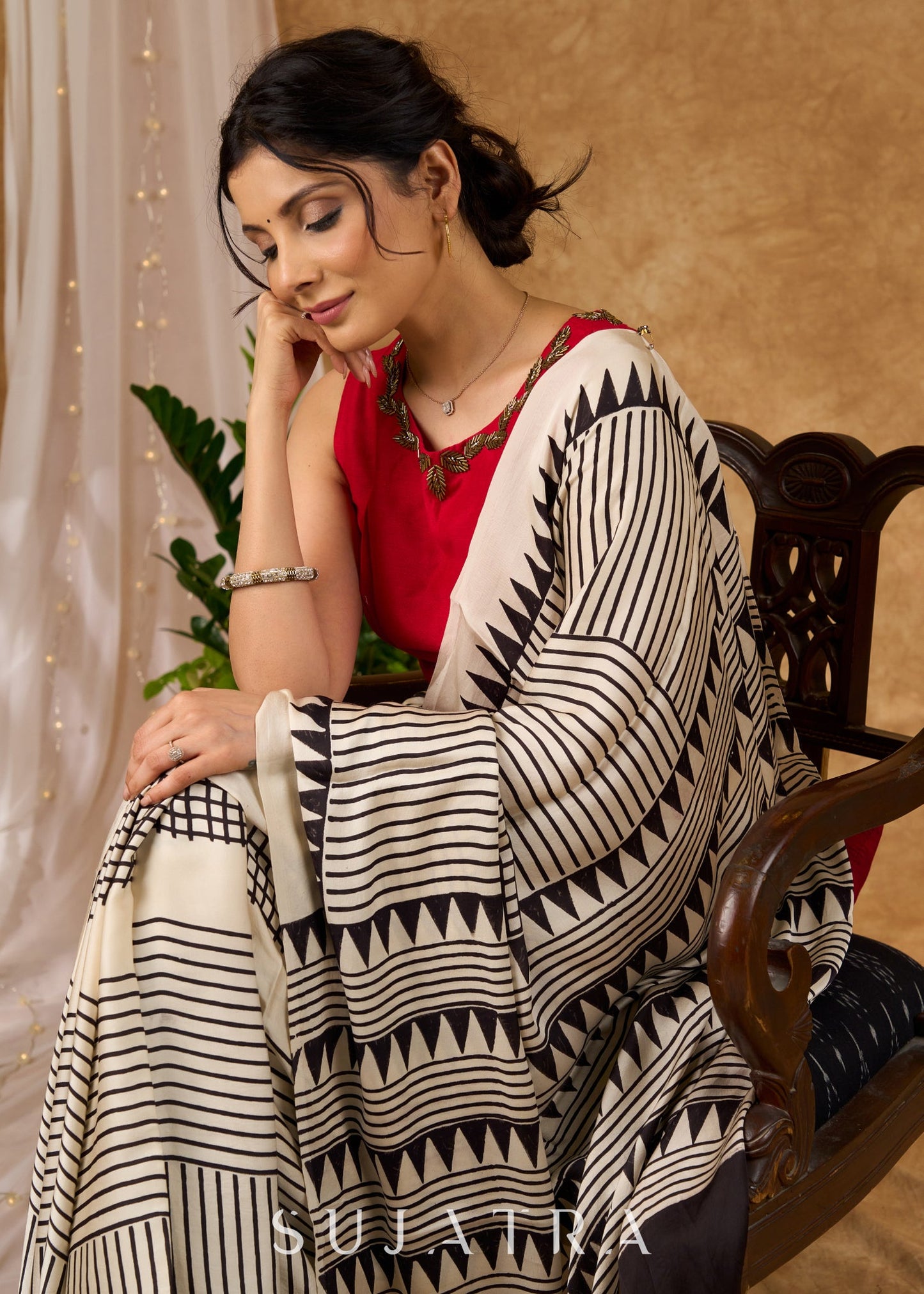 Timeless Off White Pure Modal Silk Hand Block Printed Striped Saree