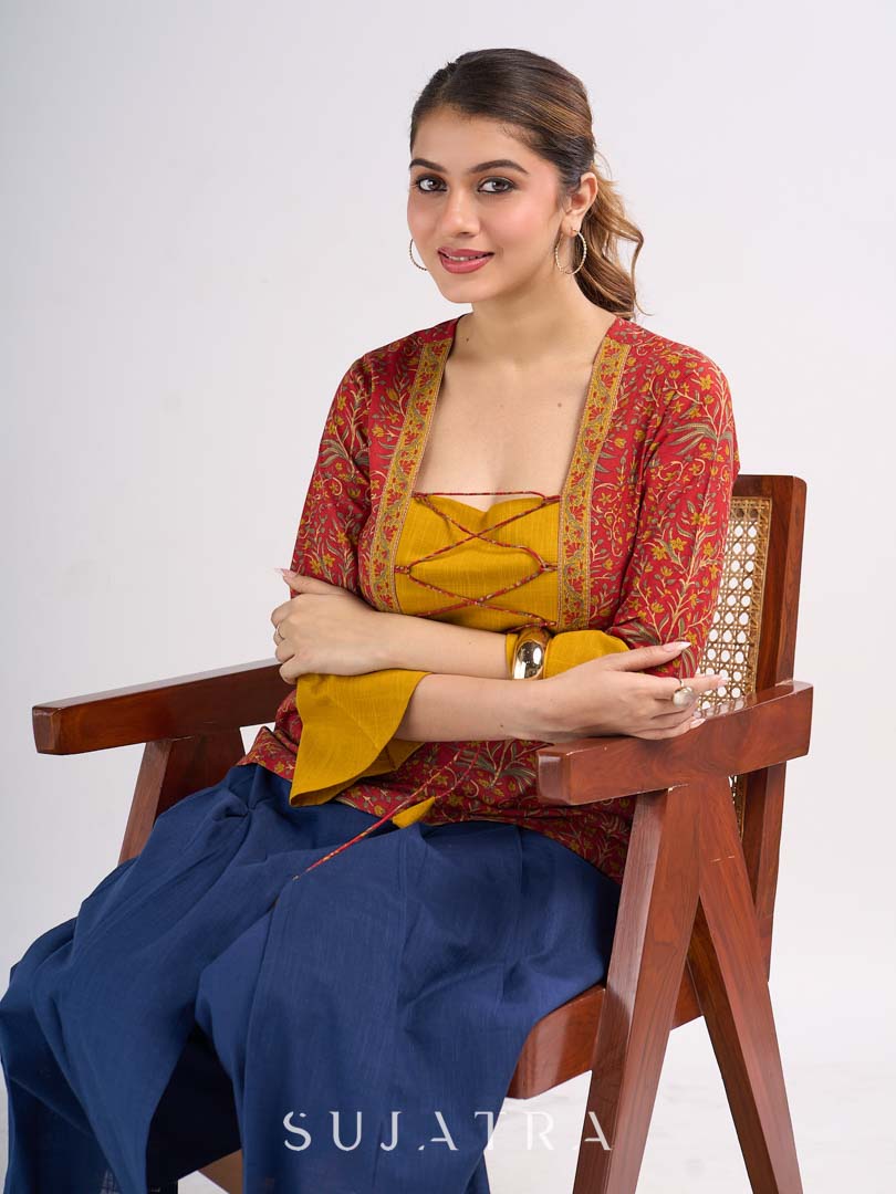 Red Floral Printed Top with Mustard Yoke and Statement Tie Up Design