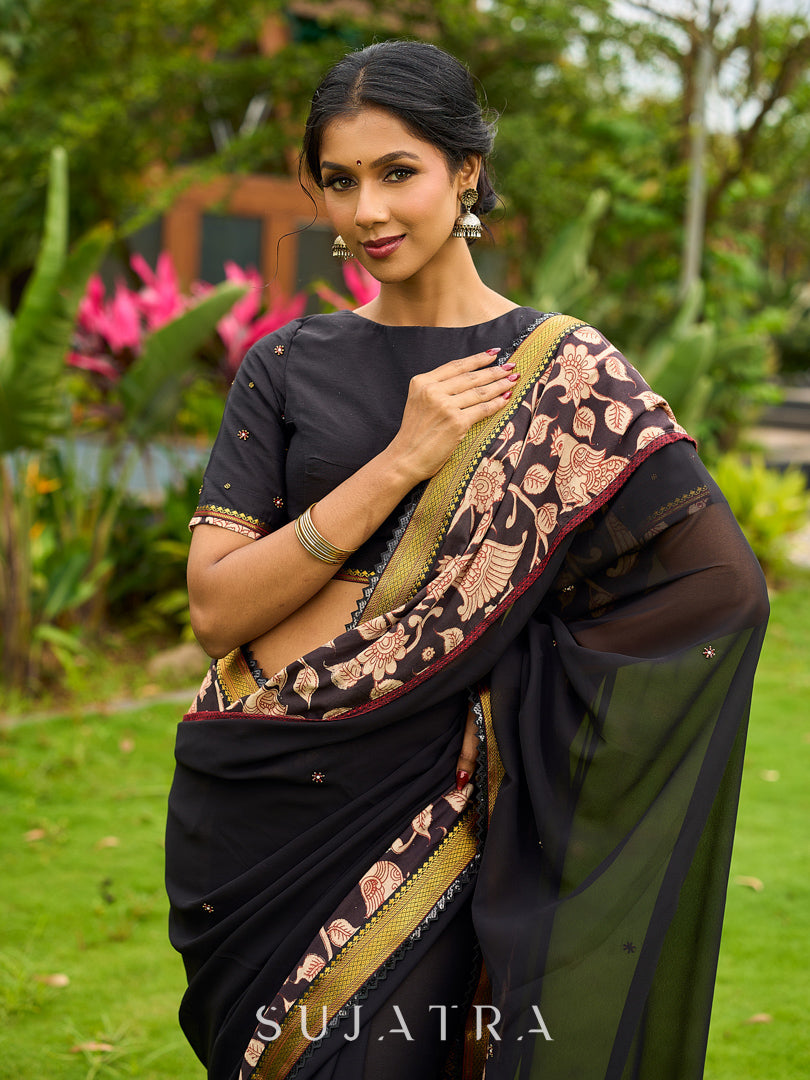Vibrant Black Georgette Saree with Golden Zari Border & Kalamkari Floral Print Pallu & Border