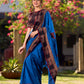 Classic Blue Saree with Pichwai Print Border and Applique Work in Pallu
