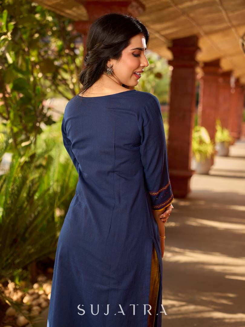 Contemporary Navy Cotton Kurta with Traditional Panel Thread Work