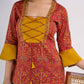 Red Floral Printed Top with Mustard Yoke and Statement Tie Up Design