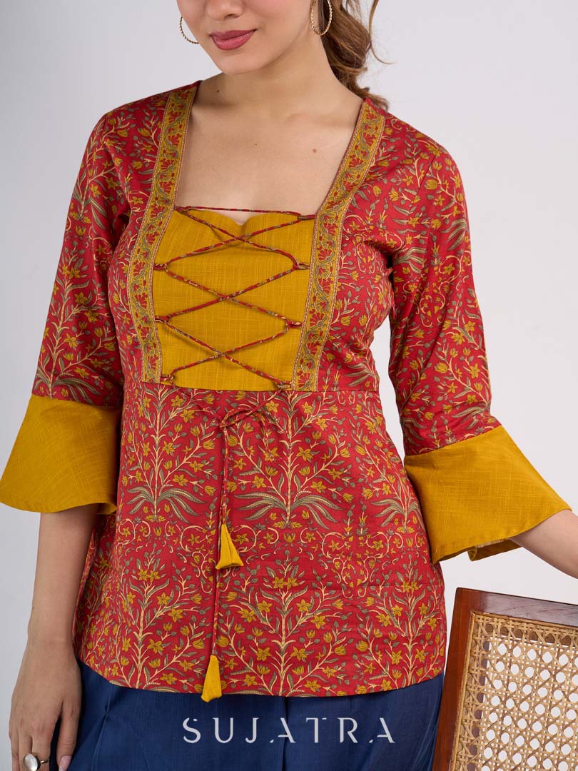 Red Floral Printed Top with Mustard Yoke and Statement Tie Up Design