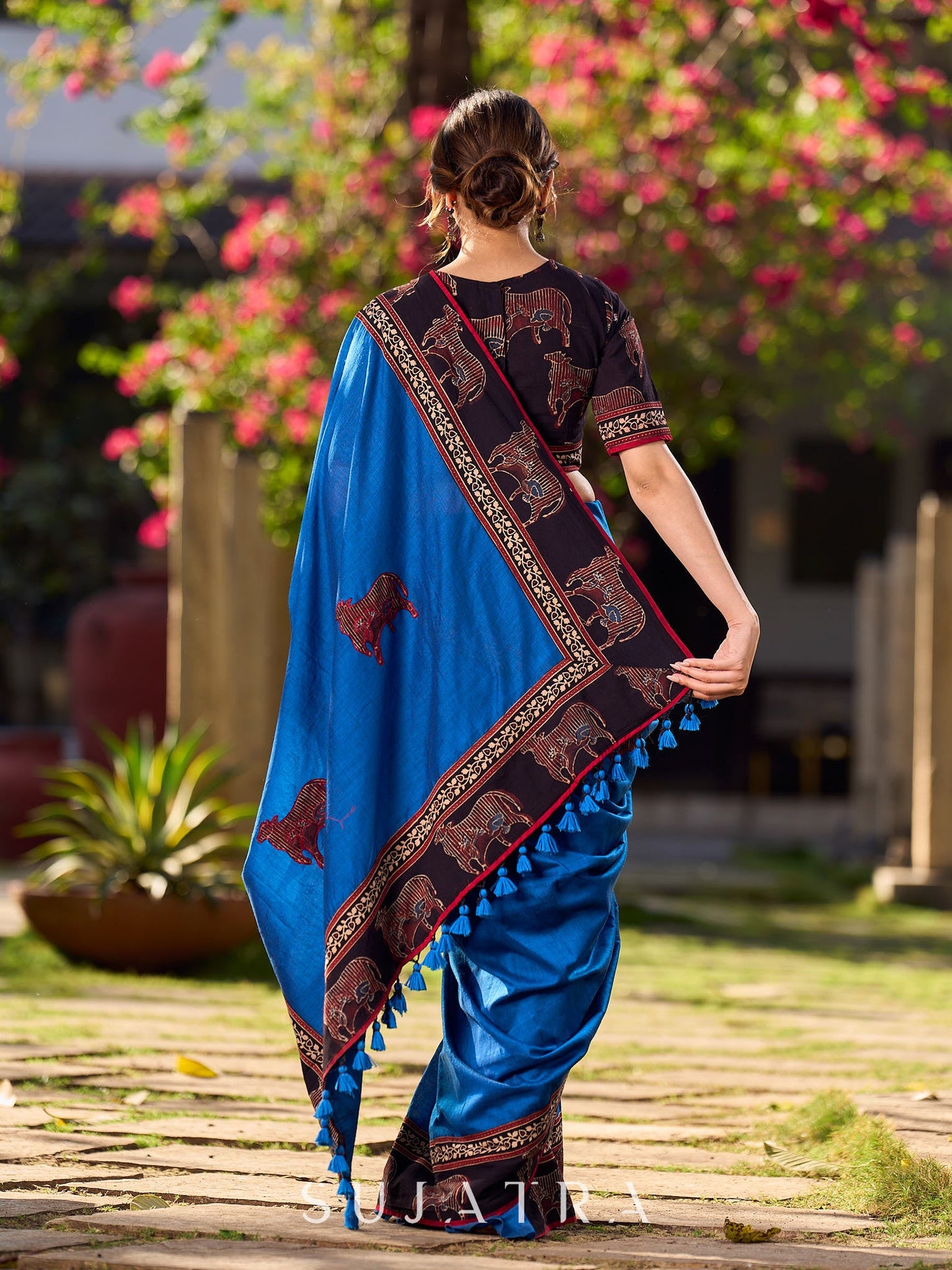 Classic Blue Saree with Pichwai Print Border and Applique Work in Pallu