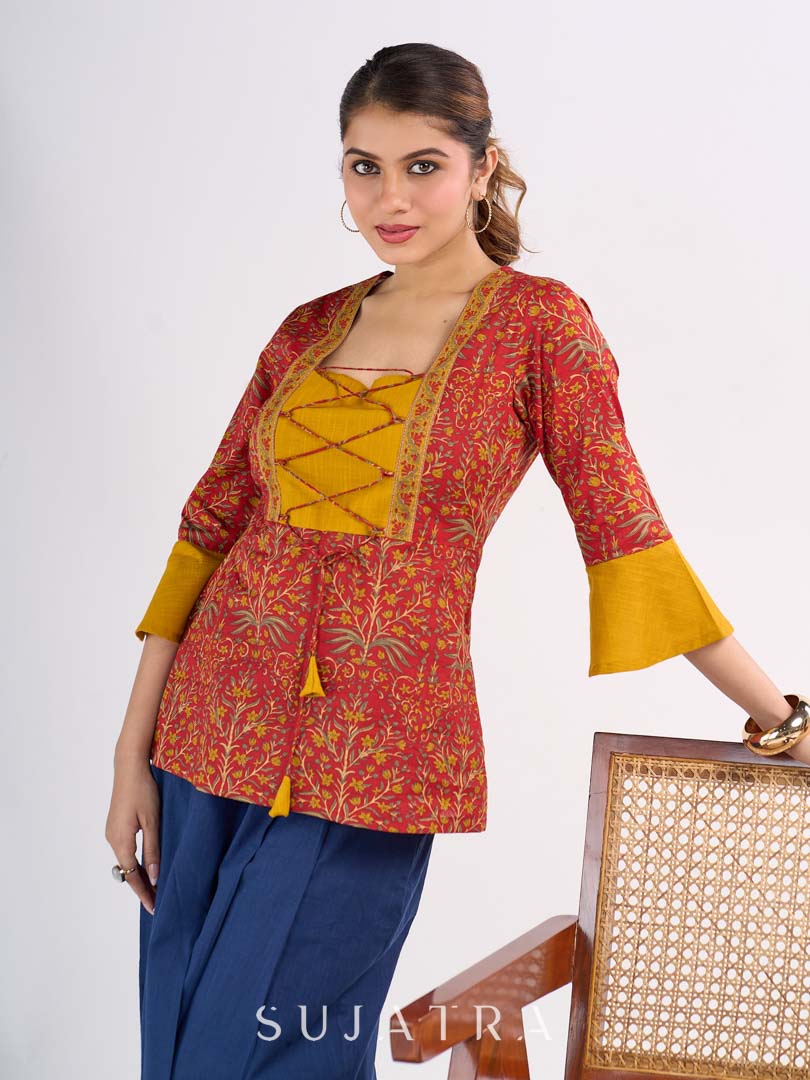 Red Floral Printed Top with Mustard Yoke and Statement Tie Up Design