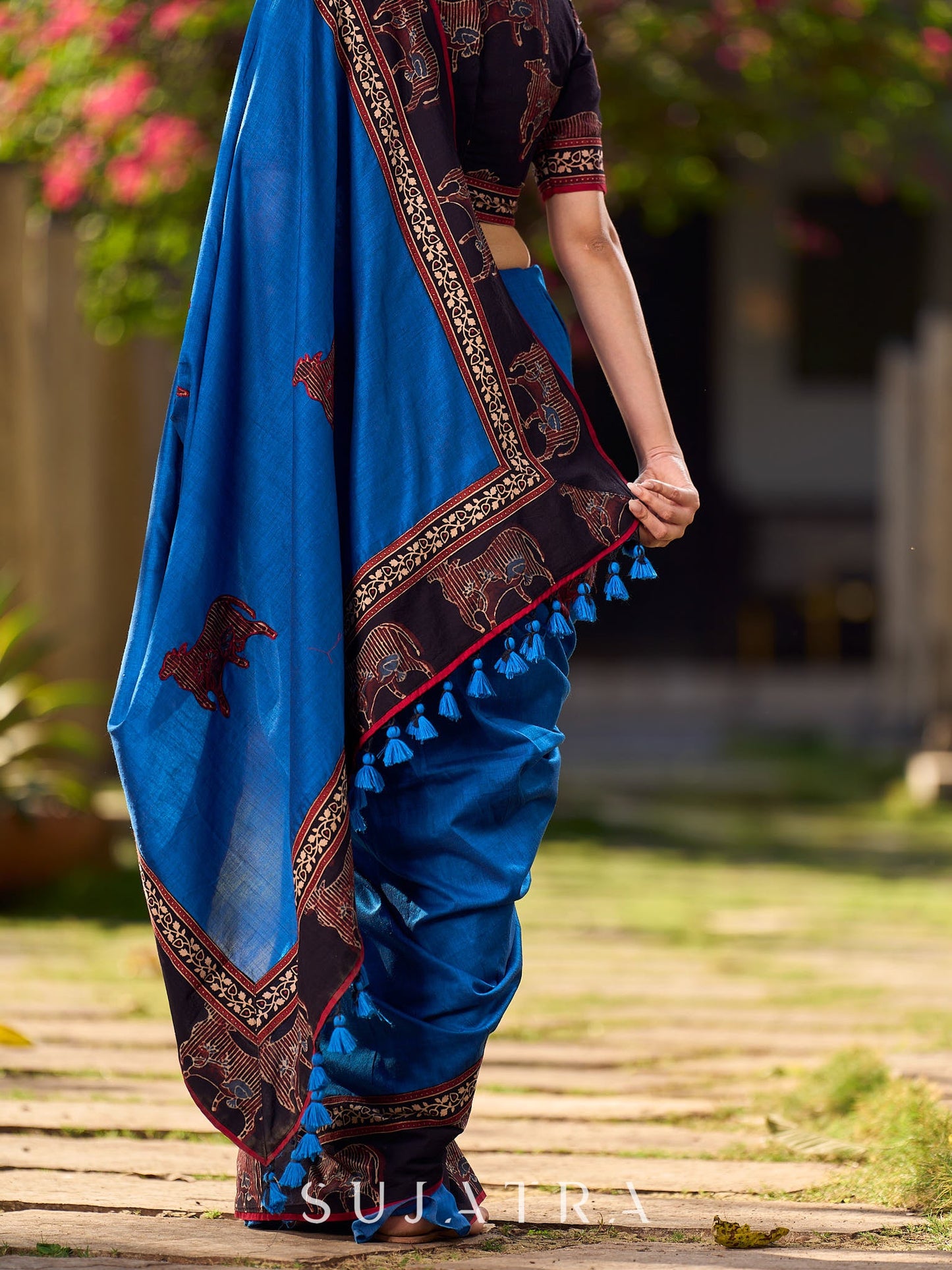 Classic Blue Saree with Pichwai Print Border and Applique Work in Pallu
