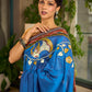 Handcrafted Blue Cotton Saree with Gond Painting & Multicolor Ikat & Kalamkari Border