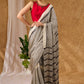 Timeless Off White Pure Modal Silk Hand Block Printed Striped Saree