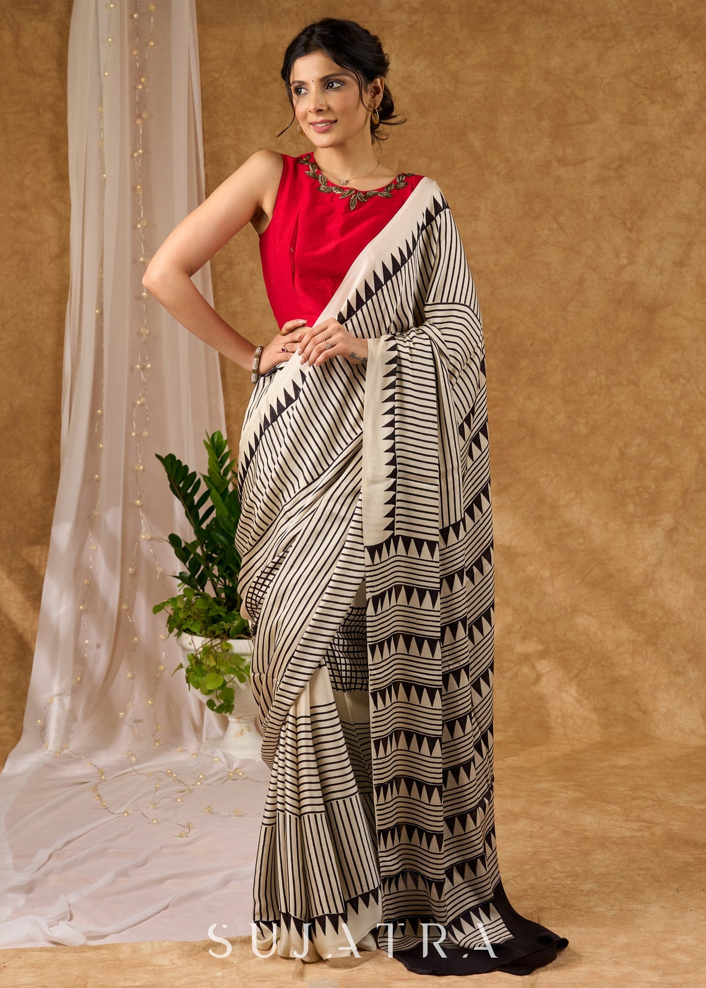 Timeless Off White Pure Modal Silk Hand Block Printed Striped Saree