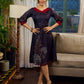 Elegant black Kalamkari-inspired dress with deep maroon accents and graceful floral motifs.