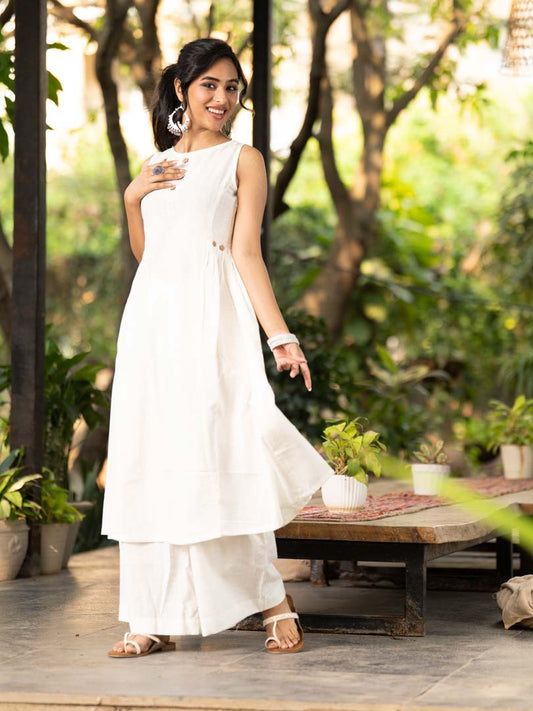 Elegant White Cotton Kurta with Easy Gathered Fit - Dupatta & Pant Optional