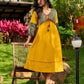 Handcrafted Mustard Cotton Flared Dress with Contrasting Ajrakh Collar
