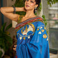 Handcrafted Blue Cotton Saree with Gond Painting & Multicolor Ikat & Kalamkari Border