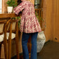 Crimson Garden Floral Printed Gathered Mul Cotton Top