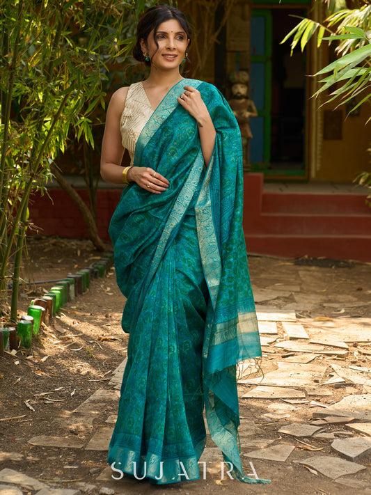 Lustrous Teal Hand Block Printed Silk Blend Saree with Glimmering Border