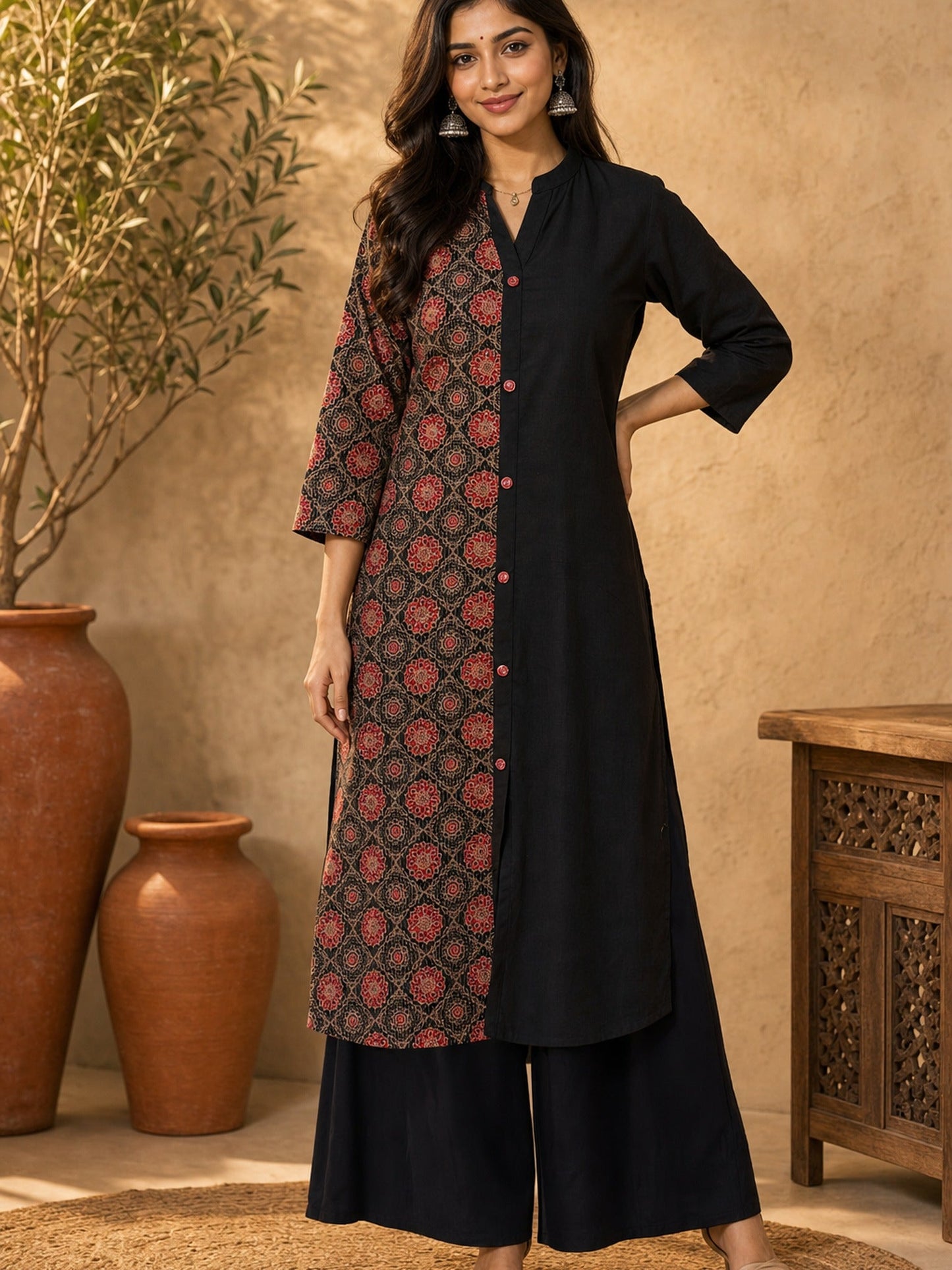 Chic Black Cotton Kurta with Contrasting Ajrakh Kantha Printed Panel