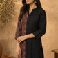 Chic Black Cotton Kurta with Contrasting Ajrakh Kantha Printed Panel