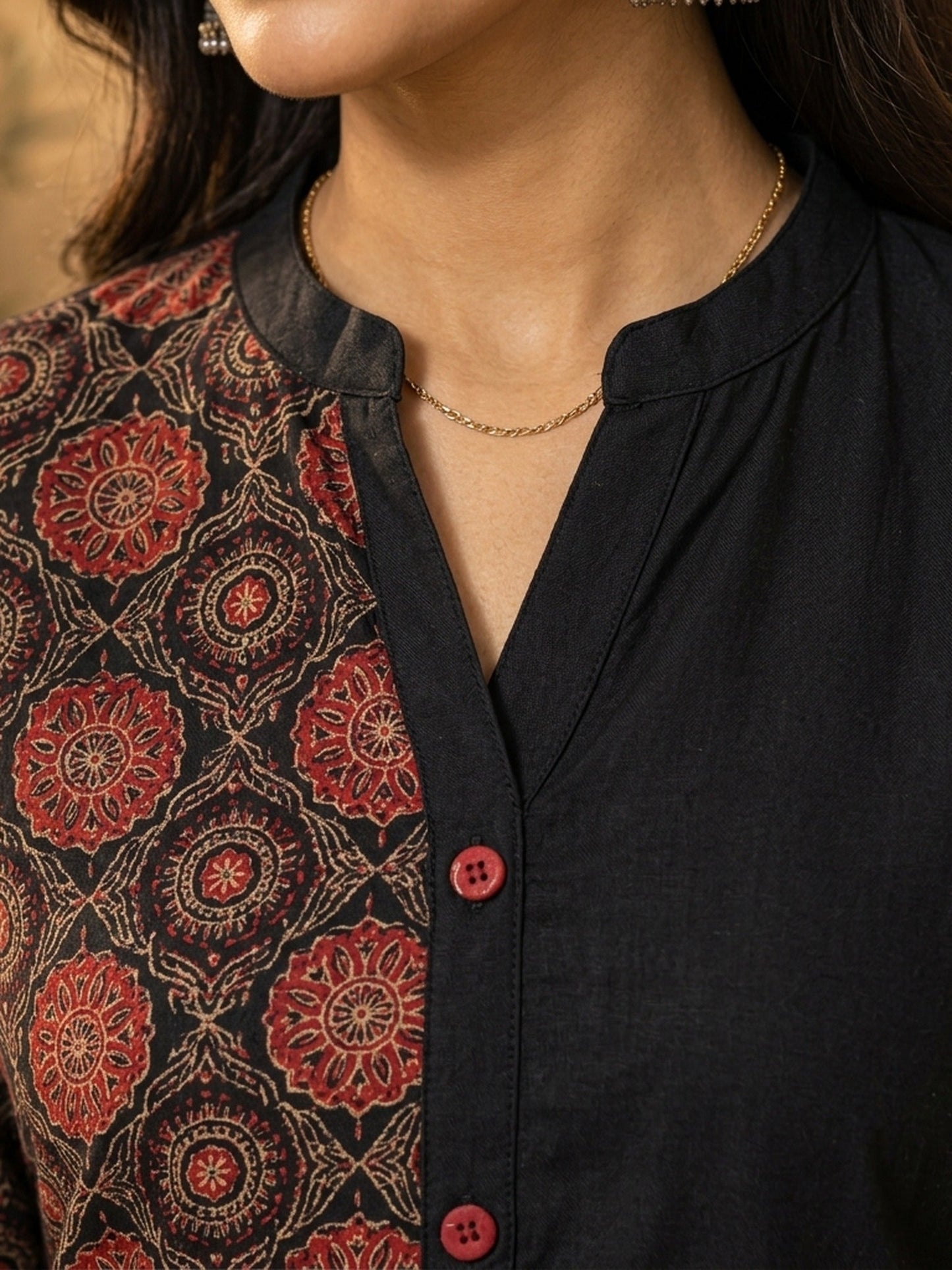 Chic Black Cotton Kurta with Contrasting Ajrakh Kantha Printed Panel