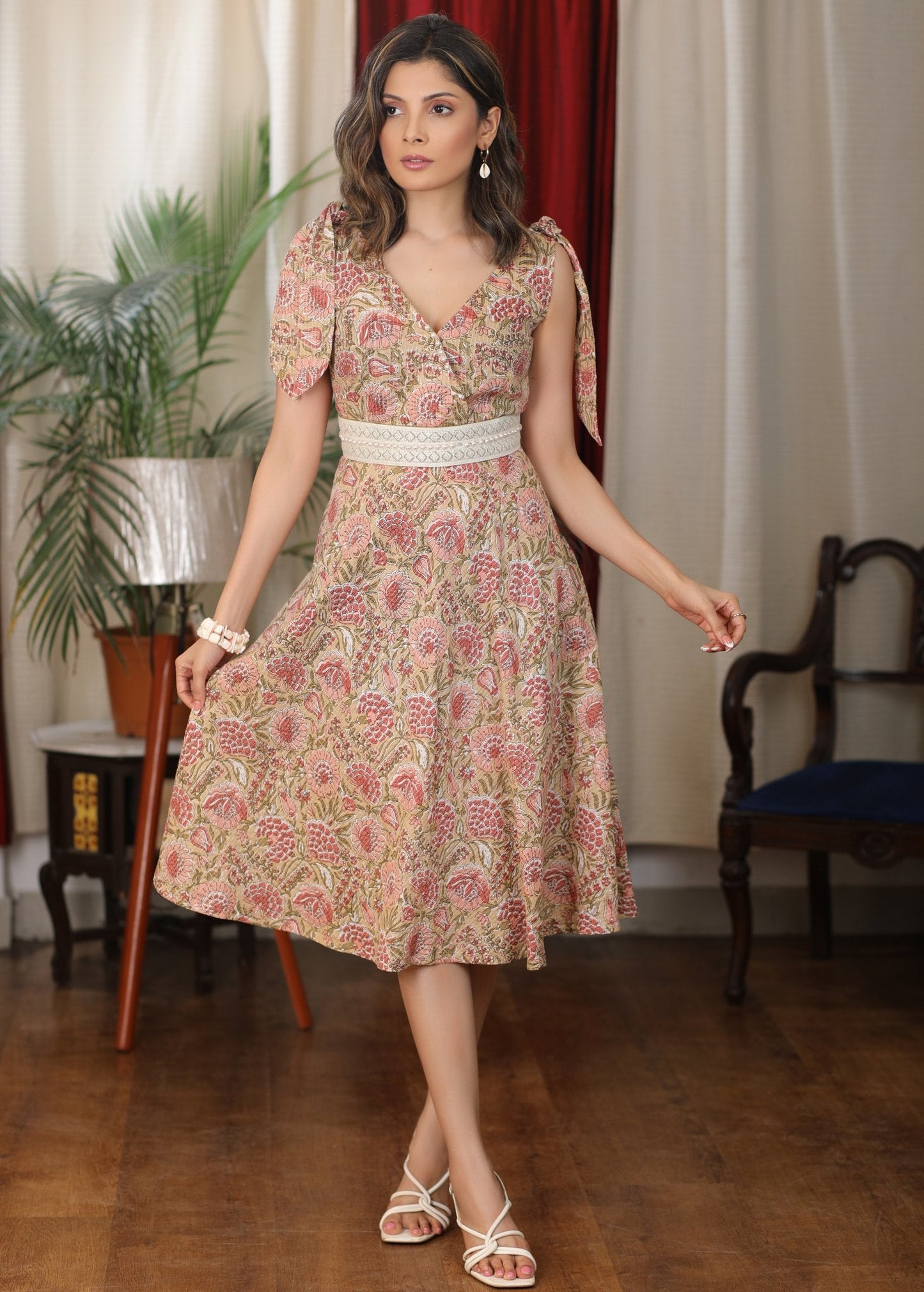 Subtle hand block floral katha work dress with elegant lace and pearl embellishment