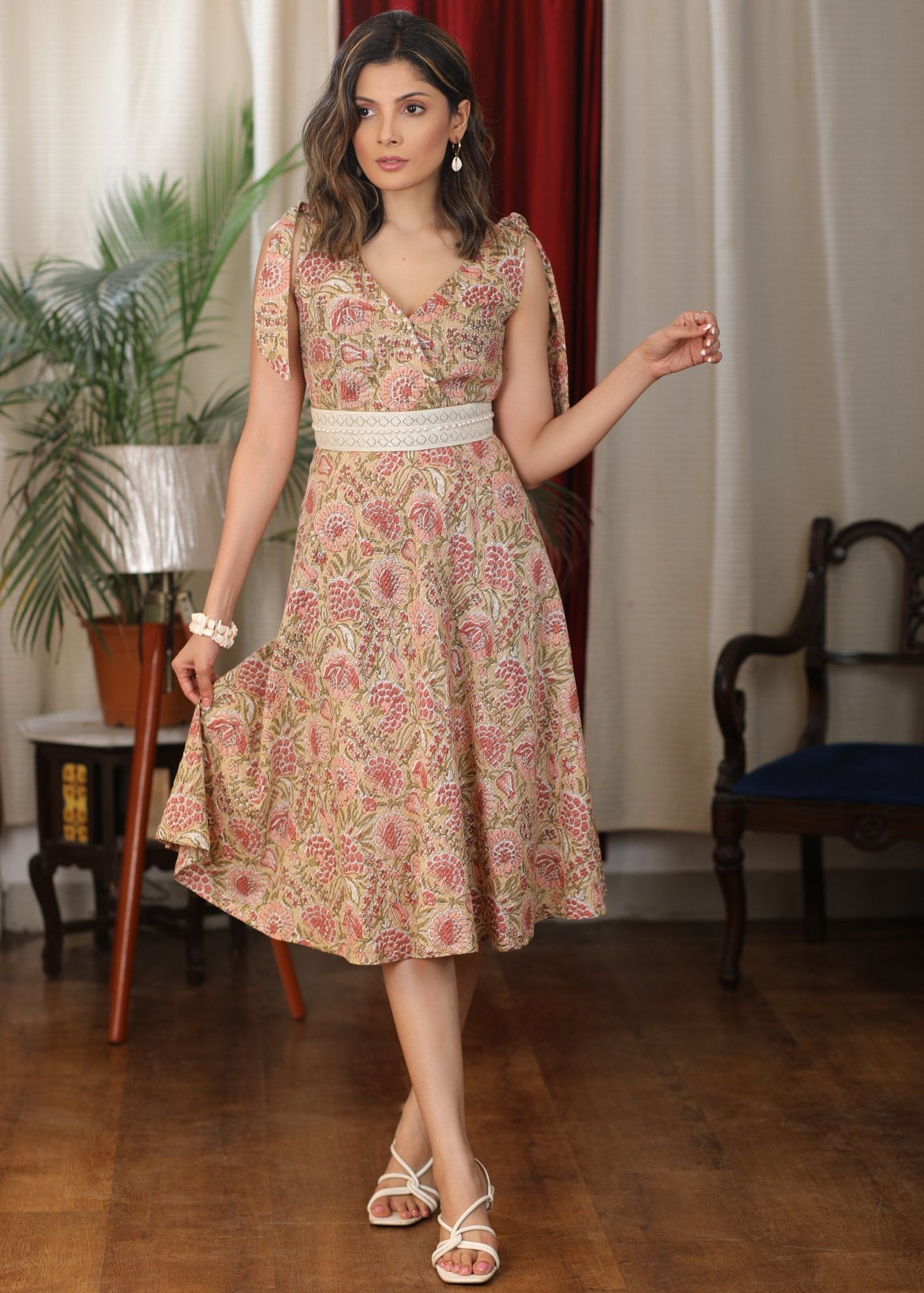 Subtle hand block floral katha work dress with elegant lace and pearl embellishment