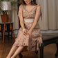 Subtle hand block floral katha work dress with elegant lace and pearl embellishment