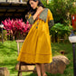 Handcrafted Mustard Cotton Flared Dress with Contrasting Ajrakh Collar
