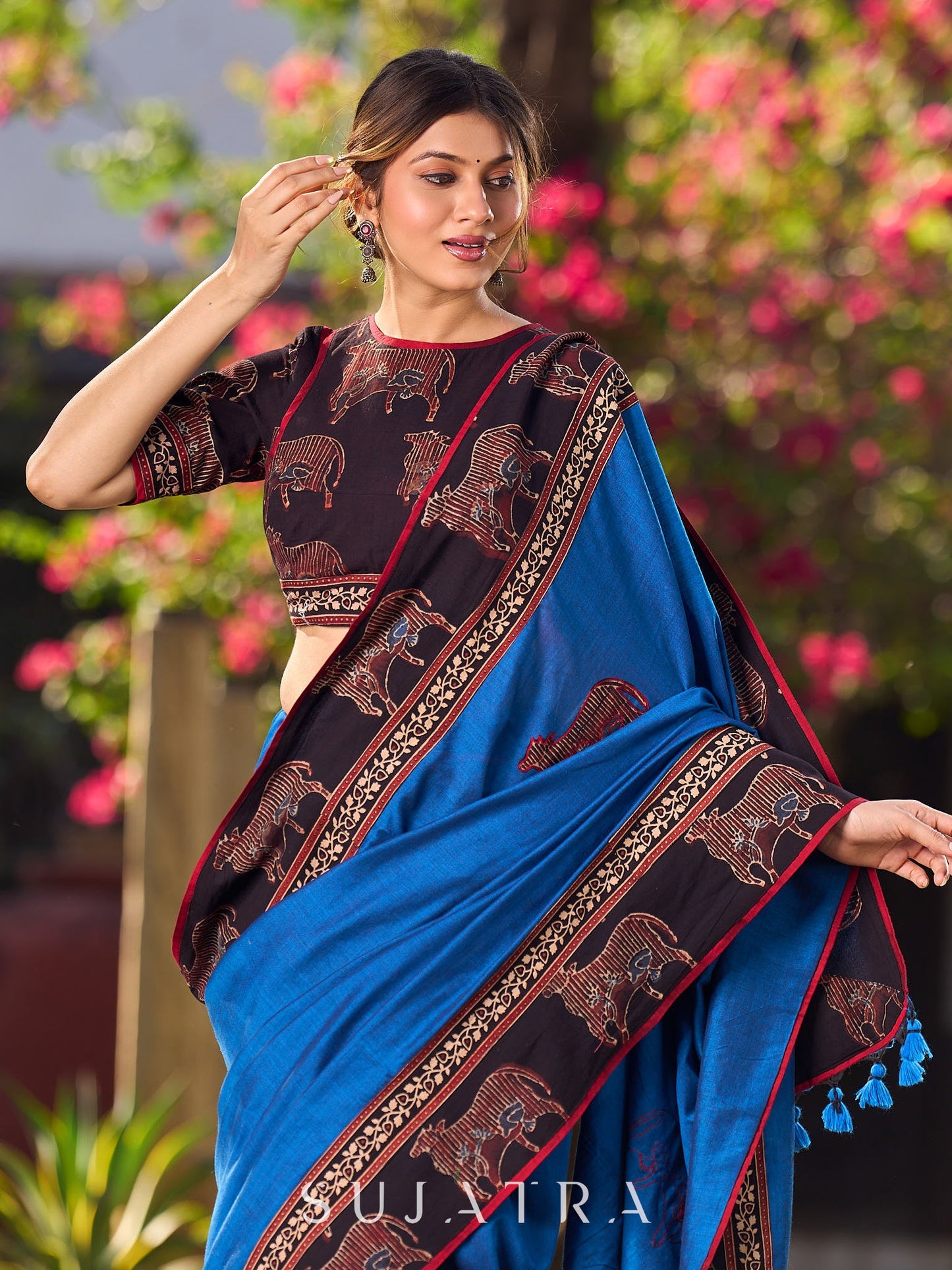 Classic Blue Saree with Pichwai Print Border and Applique Work in Pallu