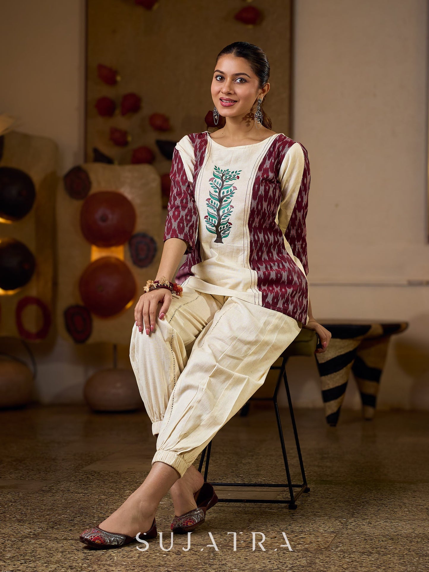 Ivory Cotton Flex Top with Maroon Ikat Panels and Hand Painted Gond Motif