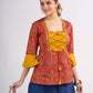 Red Floral Printed Top with Mustard Yoke and Statement Tie Up Design
