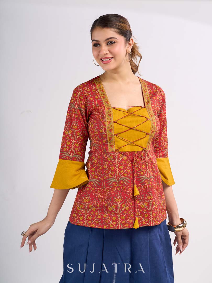 Red Floral Printed Top with Mustard Yoke and Statement Tie Up Design