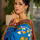 Handcrafted Blue Cotton Saree with Gond Painting & Multicolor Ikat & Kalamkari Border