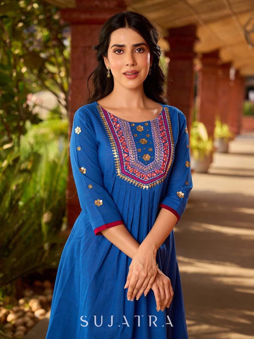 Luxe Blue Cotton Kurta with Traditional Mirror Work and Embroidered Detailing