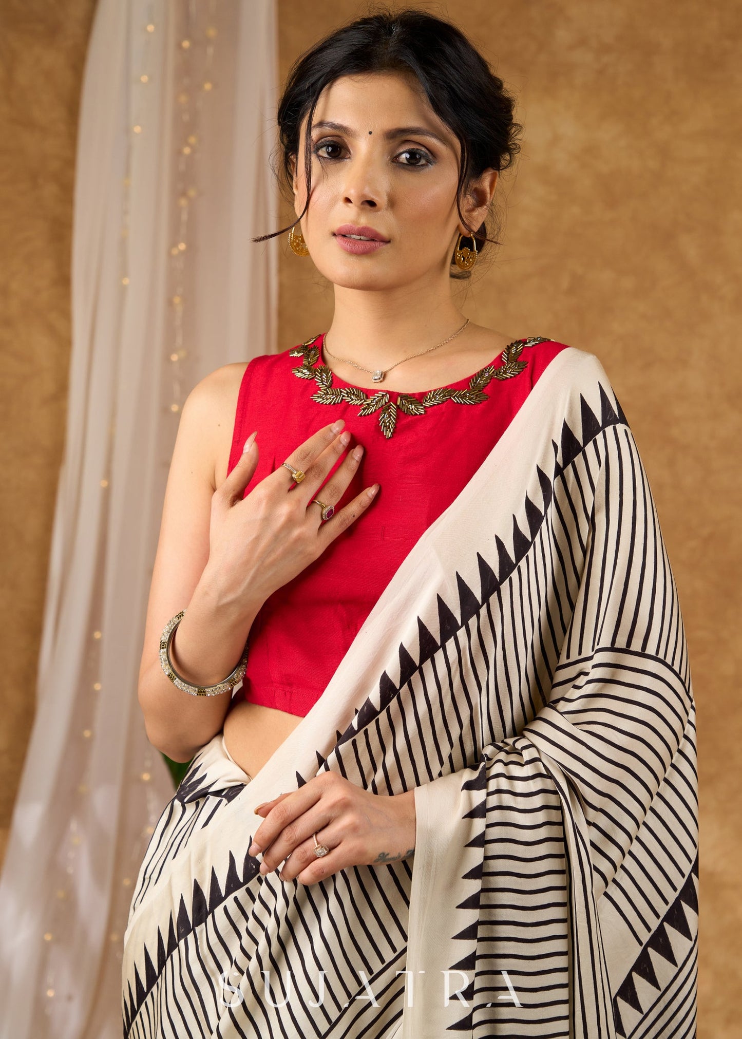 Timeless Off White Pure Modal Silk Hand Block Printed Striped Saree
